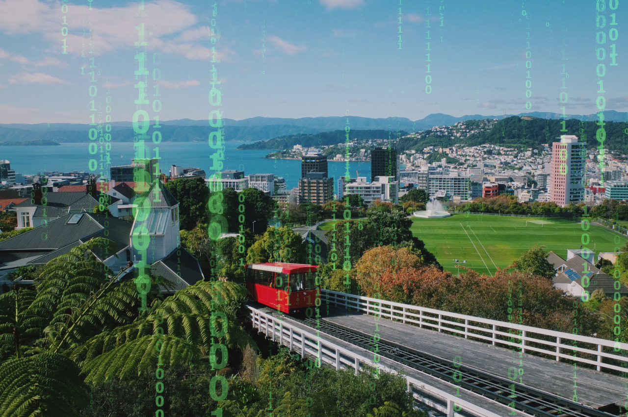 Wellington City, home to cyber risks from all around the global. Matrix 1's & 0's flow down the scree.