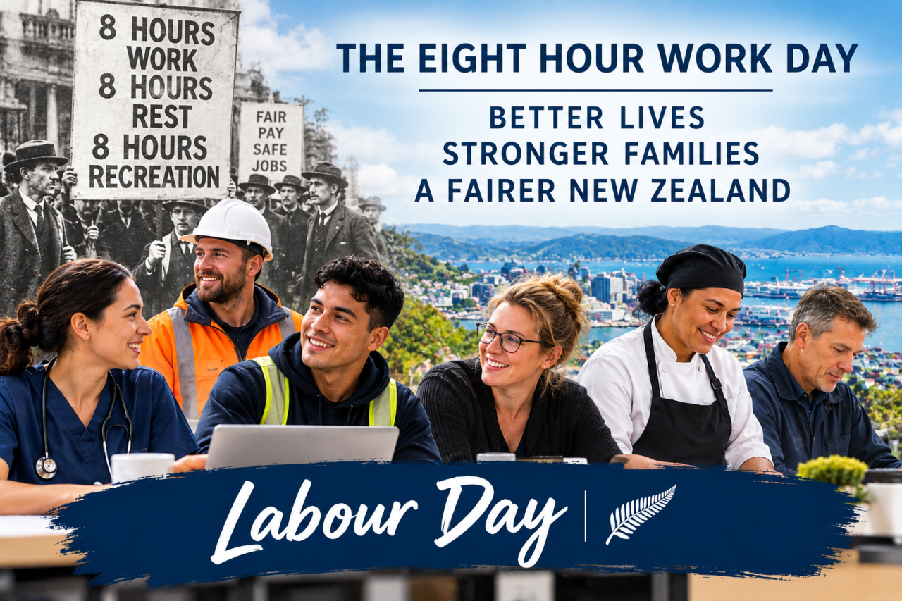 Labour Day illustration celebrating the eight-hour work day and work-life balance in New Zealand.