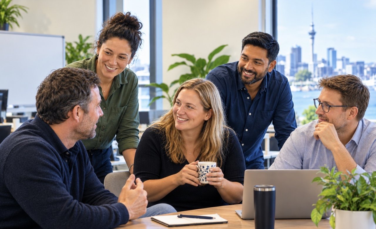 Colleagues talking together in an Auckland office.